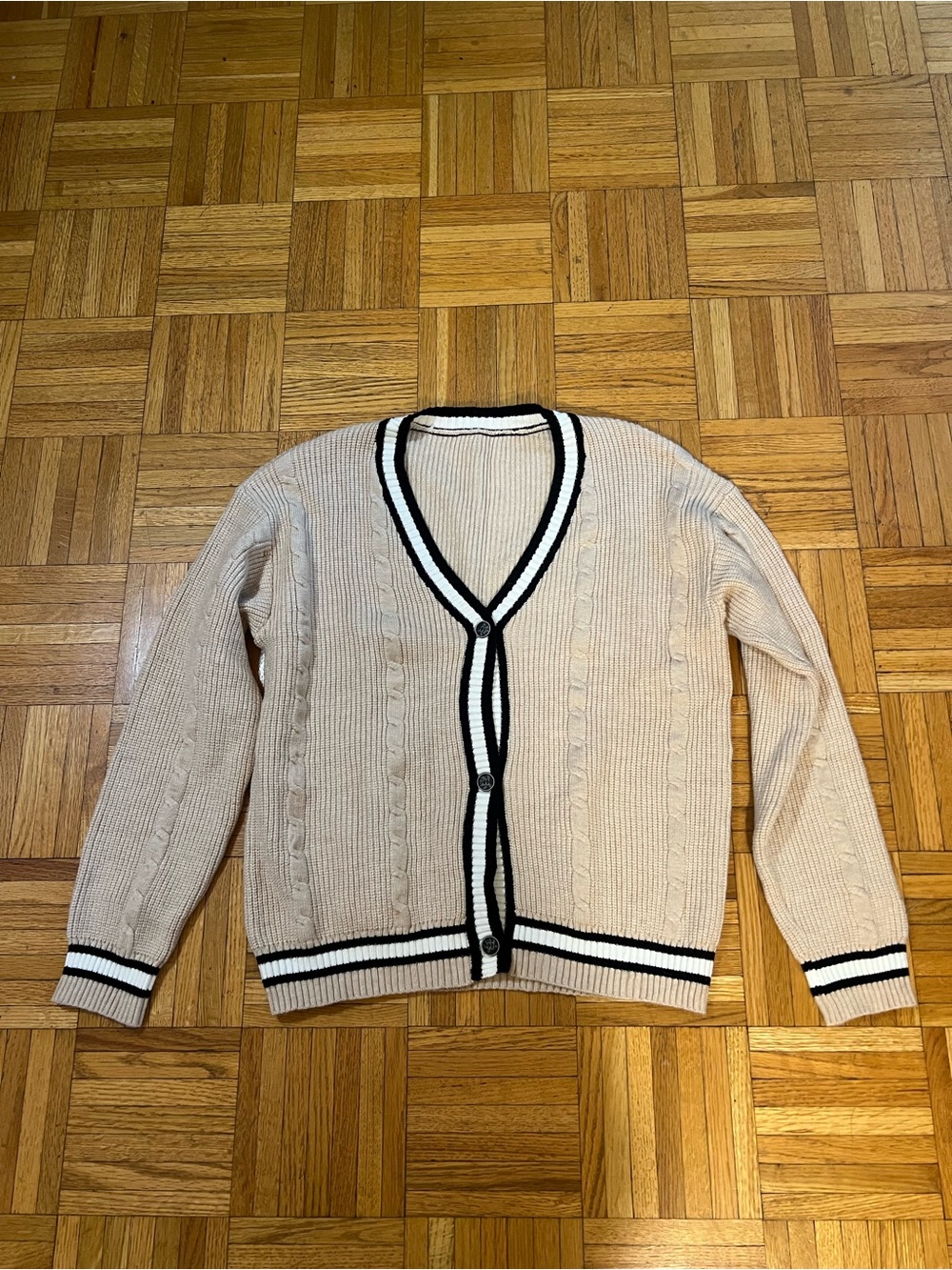 Collegiate Core Cream V-Neck Button Cardigan with Black Trim - size large